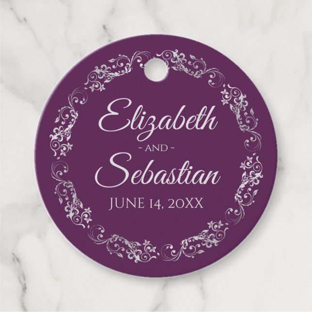 Étiquettes Cadeau Lacy Argent Frilly Bordure Élégant Mariage violet (Devant)