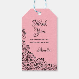 Étiquettes-cadeau Lacy Floral Quinceañera rose et noir