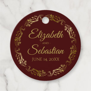 Étiquettes Cadeau Lacy Gold Frills Elegant Auburn Brown Mariage