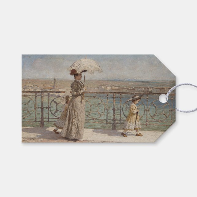 Étiquettes-cadeau Lady and Girls Walking sur un pont en Italie (Devant (Horizontal))