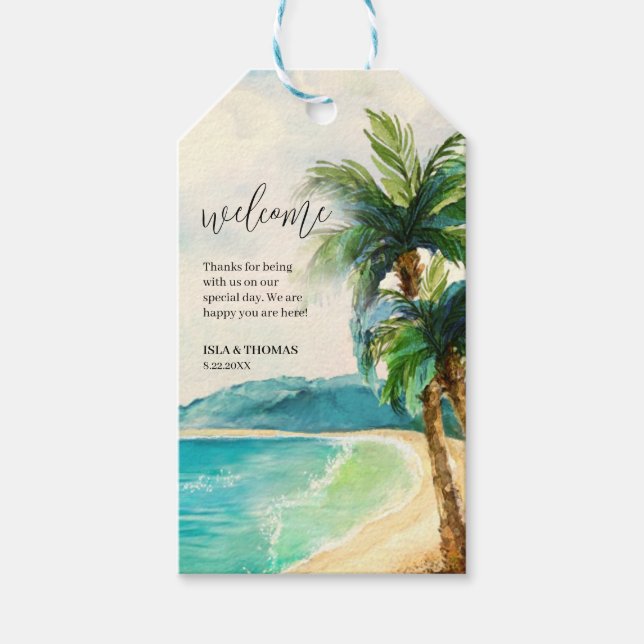Étiquettes-cadeau Lagon de plage tropical | Accueil du Mariage Palm  (Devant)