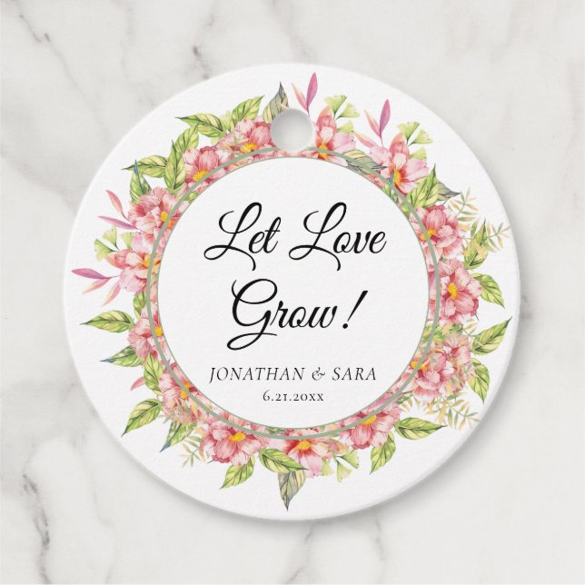 Étiquettes Cadeau Laisser l'amour grandir rose floral et Mariage d'â (Devant)