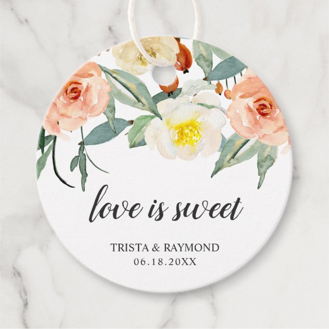 Étiquettes Cadeau L'Amour Est Doux Pêche Aquarelle Mariage Floral (Devant)