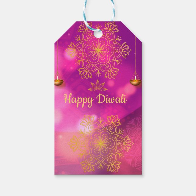Étiquettes-cadeau Lampes Mandala Diwali Purple Gold (Devant)