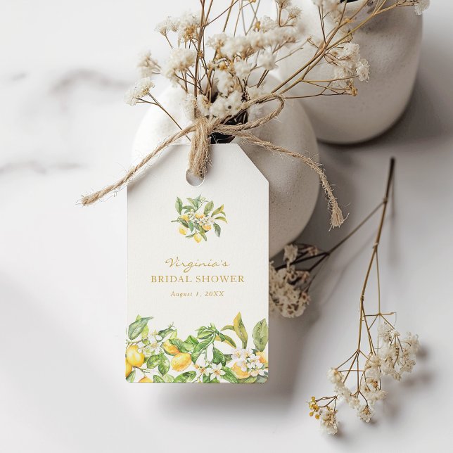 Étiquettes-cadeau Lancement de mariage au citron à l'aquarelle (Watercolor Lemon Floral Bridal Shower Gift Tags by Painted Paperie)