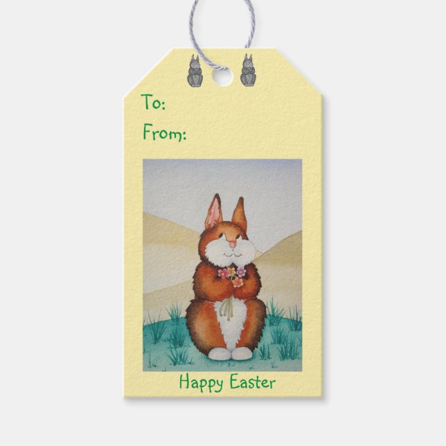 Étiquettes-cadeau lapin brun mignon tenant de jolies fleurs (Devant)