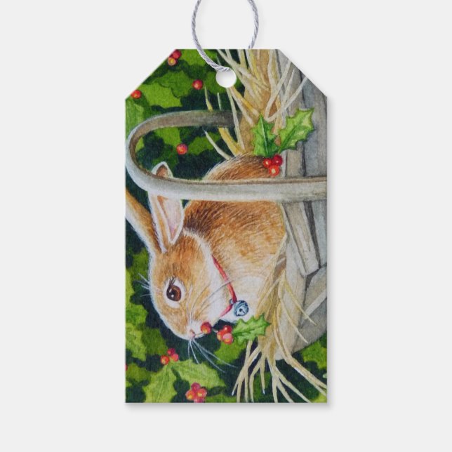 Étiquettes-cadeau Lapin dans le panier avec Holly Sprigs Aquarelle A (Devant)