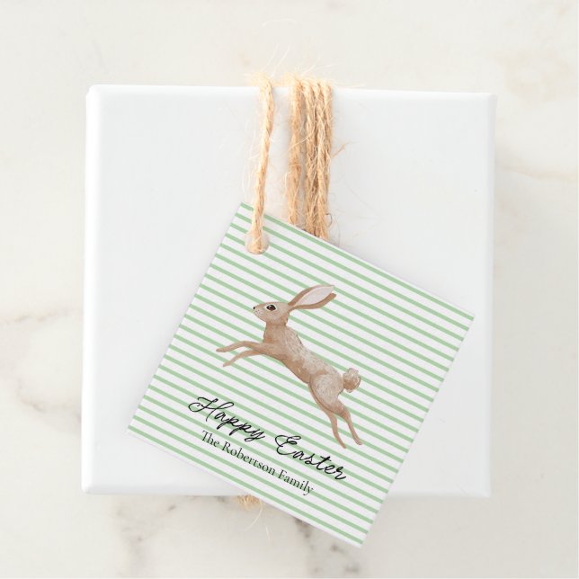 Étiquettes Cadeau Lapin de Pâques rayé (En situation)