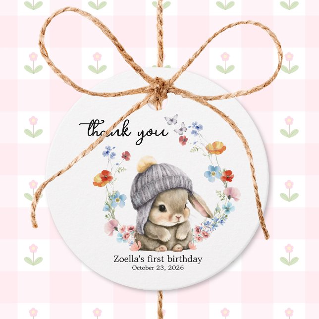 Étiquettes Cadeau Lapin Floral Aquarelle Premier Anniversaire  (Sweet Watercolor Bunny Floral First Birthday Thank You Tag 1)