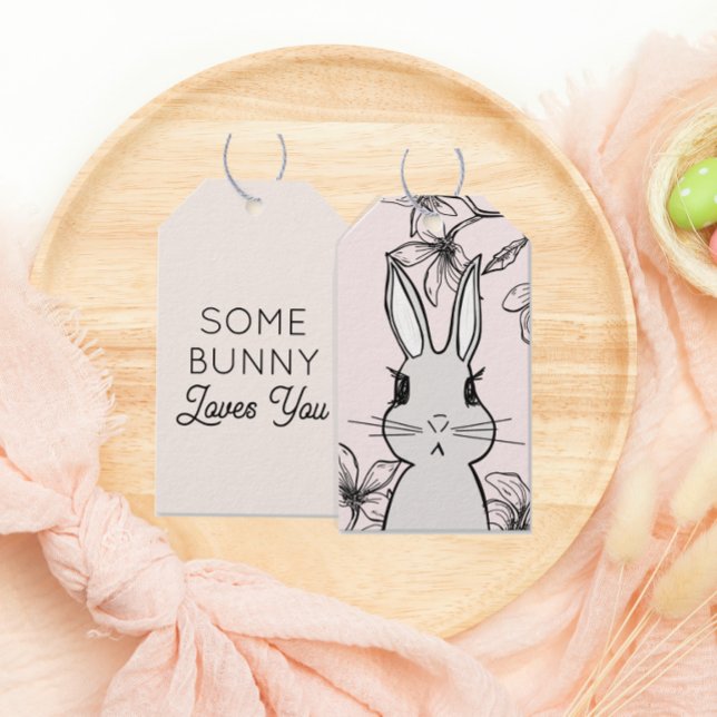 Étiquettes-cadeau Lapin rose clair Floral Pâques (Créateur téléchargé)