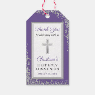 Étiquettes-cadeau Lavande d'argent violet première sainte communion