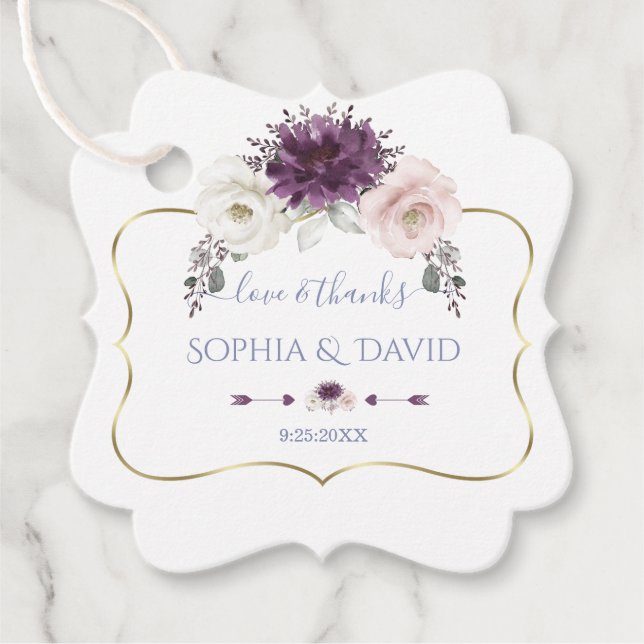 Étiquettes Cadeau Lavande rose blanc Floral Mariage or (Devant)