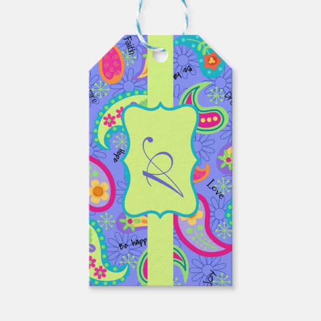 Étiquettes-cadeau Lavender Lime Green Monogramme moderne Paisley (Devant)