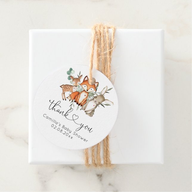 Étiquettes Cadeau Le Baby shower forestier des animaux des bois (En situation)