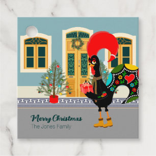 Étiquettes Cadeau Le coq portugais avec un cadeau de Noël