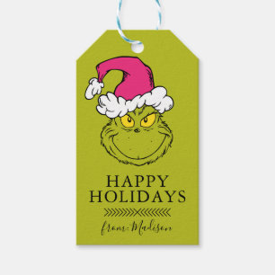 Étiquettes-cadeau Le Grinch avec un chapeau de Père Noël rose