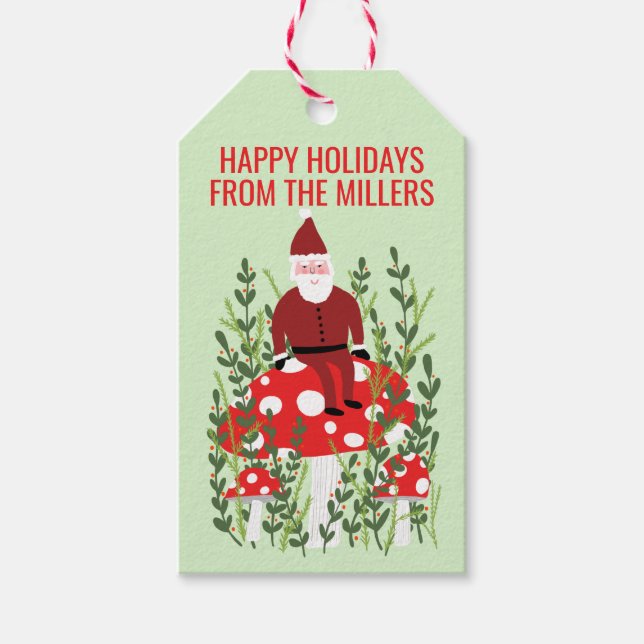 Étiquettes-cadeau Le Père Noël sur le champignon Elf de Noël (Devant)