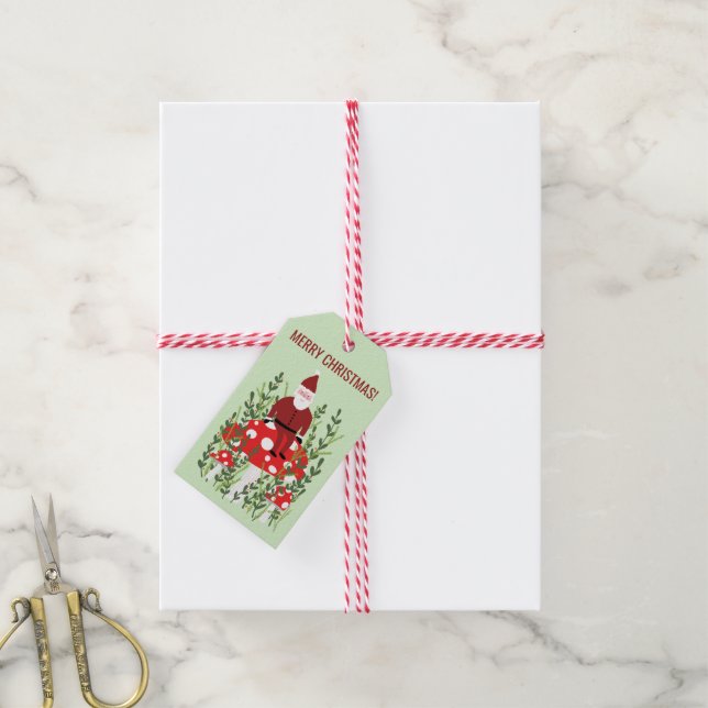 Étiquettes-cadeau Le Père Noël sur le champignon Elf de Noël (Avec de la ficelle)