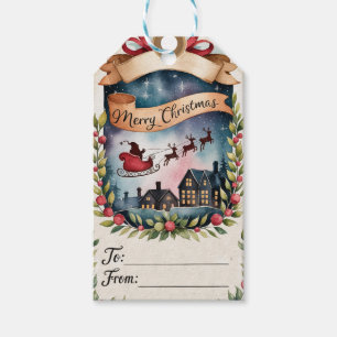 Étiquettes-cadeau Le traîneau du Père Noël au-dessus d'un village en