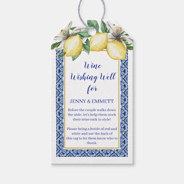 Étiquettes-cadeau Lemon Carrelage Bleu Vin Souhaitant Bien Mariage (Devant)