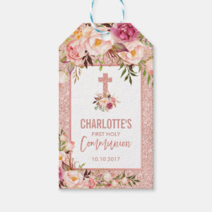 Étiquettes-cadeau Les faveurs roses de communion d'or rougissent