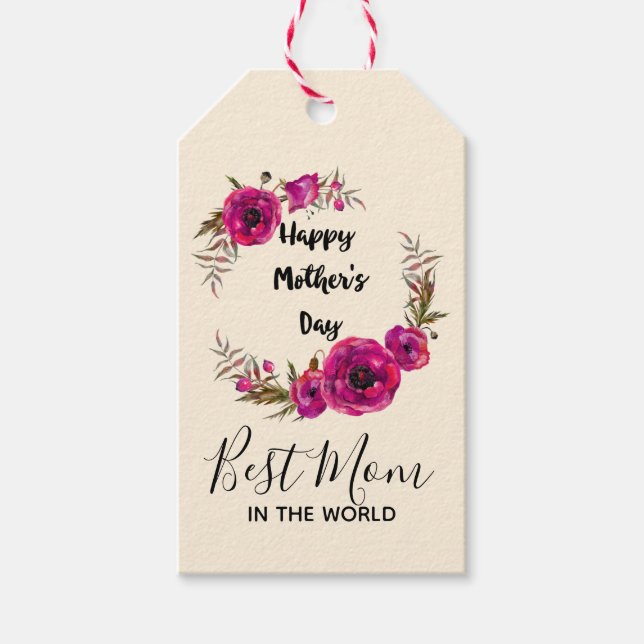 Étiquettes-cadeau Les pavots rose Fuchsia Meilleure maman - Fête des (Devant)