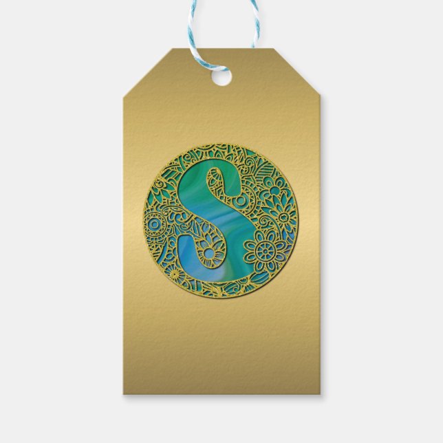 Étiquettes-cadeau Lettre d'or initiale et turquoise du Monogramme mo (Devant)
