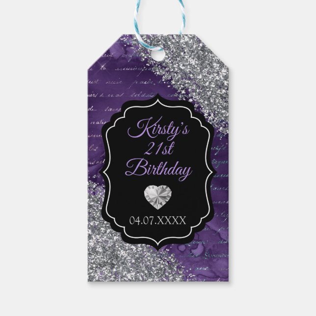 Étiquettes-cadeau Lettres de sirène mauve Parties scintillant d'arge (Devant)