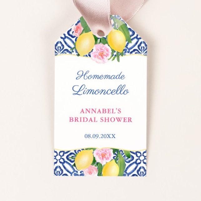 Étiquettes-cadeau Limoncello Positano Lemon Fête des mariées Favoris (Positano lemons with pink flowers limoncello or homemade cookies bridal shower favor tag)