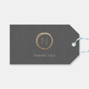 Étiquettes-cadeau Lin gris moderne Elégant Merci Monogramme or