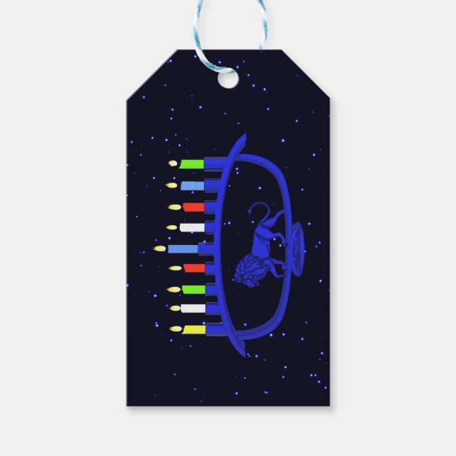 Étiquettes-cadeau Lion bleu Menorah (Devant)