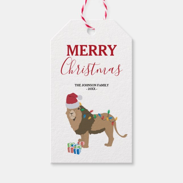 Étiquettes-cadeau Lion de Noël animal drôle avec chapeau de Père Noë (Devant)