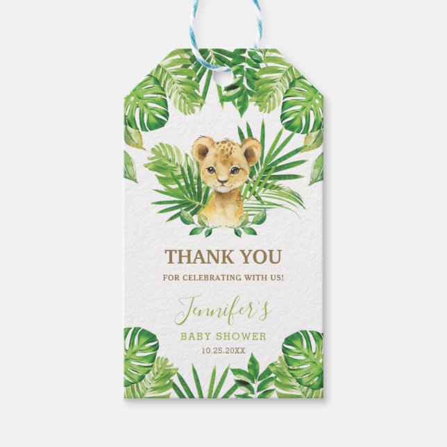 Étiquettes-cadeau Lion Jungle Animaux Verdure Baby shower neutre (Devant)