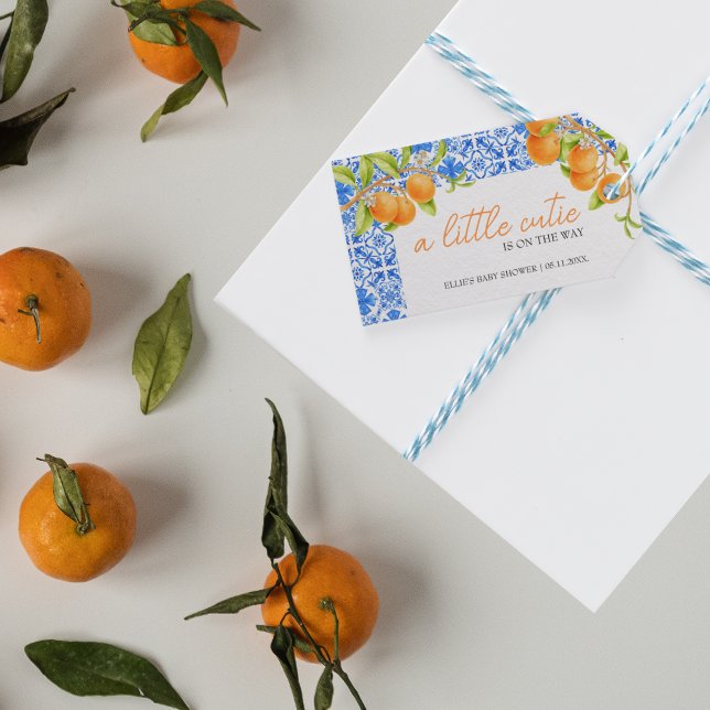 Étiquettes-cadeau Little Cutie | Carreaux bleus esthétiques et agrum (Little cutie Baby Shower | Blue and White Tiles Favor Tags)