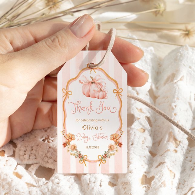 Étiquettes-cadeau Little Pumpkin Bow Floral Baby Shower Thank You (Créateur téléchargé)
