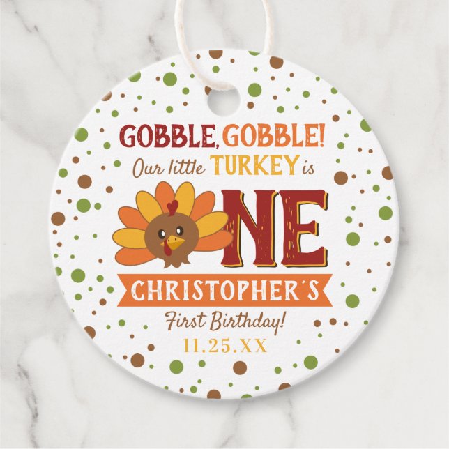Étiquettes Cadeau Little Turkey Fall Thanksgiving 1er anniversaire (Devant)