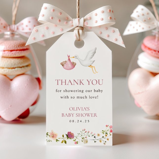 Étiquettes-cadeau Livraison de la cigogne rose Floral fille Baby sho (Créateur téléchargé)