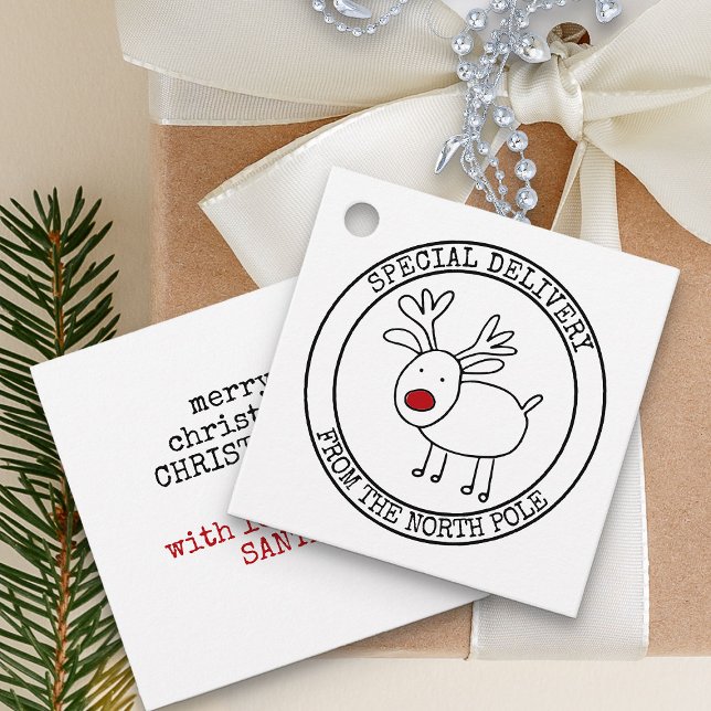 Étiquettes Cadeau Livraison spéciale de North Pôle Custom Père Noël (Special delivery from the north pole gift tags for kids with red nose reindeer)