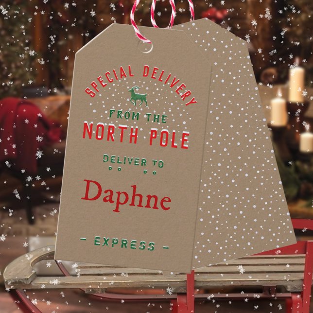 Étiquettes-cadeau Livraison spéciale Rustique Kraft du pôle Nord II (Rustic Kraft Special Delivery From North Pole II Christmas Holiday Gift Wrapping Name Tag)