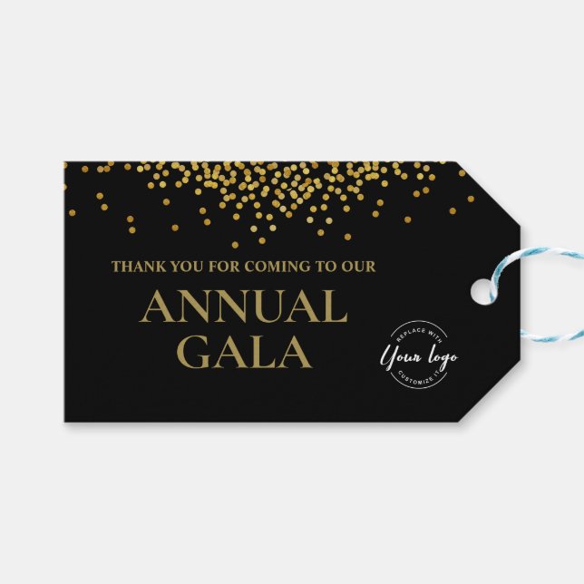 Étiquettes-cadeau Logo de l'entreprise Black Gold Confetti Gala annu (Devant (Horizontal))