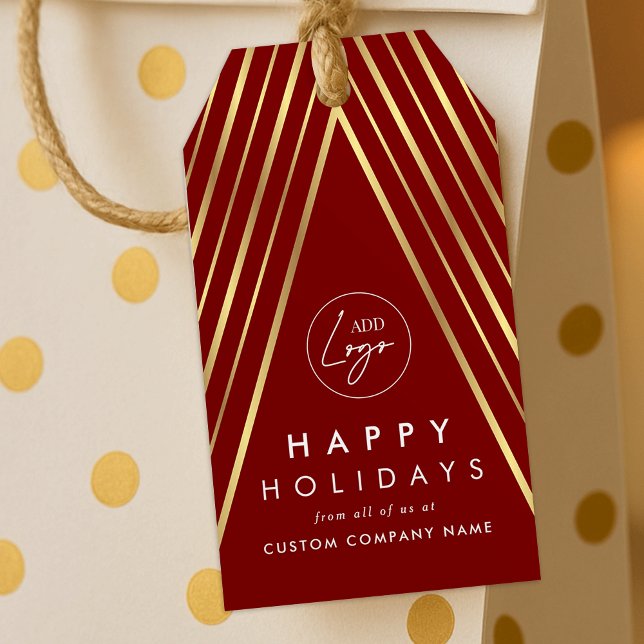 Étiquettes-cadeau Logo d'entreprise Arbre de Noël géométrique rouge  (Elegant red and gold Christmas tree holiday gift tags with your custom logo)