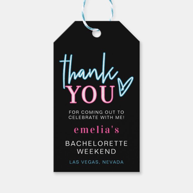 Étiquettes-cadeau LOLA Neon Bachelorette bleu rose Merci Favoriser G (Devant)