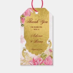 Étiquettes-cadeau Lotus de paon rose et or mariage indien