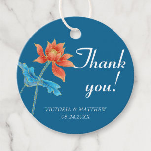 Étiquettes Cadeau Lotus Flower Orange & Merci Mariage bleu