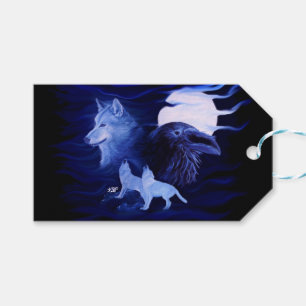 Étiquettes-cadeau Loups et corbeau avec pleine lune