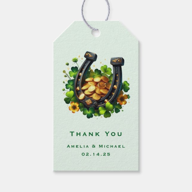 Étiquettes-cadeau Lucky Horseshoe et Gold Coins Mariage Merci (Devant)