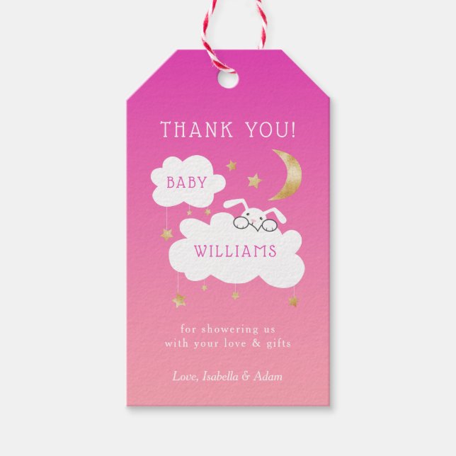 Étiquettes-cadeau Lullaby Bunny Lune étoiles Baby shower rose (Devant)