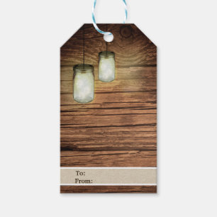 Étiquettes-cadeau Lumières de jarre de maçon en bois de campagne rus
