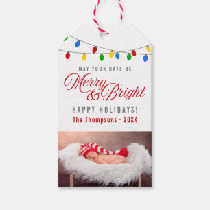Étiquettes-cadeau Lumières de Noël modernes Photo Joyeuse et brill