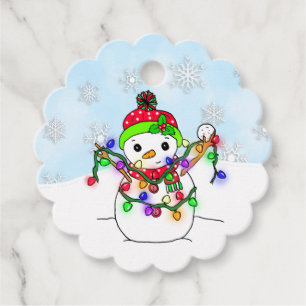Étiquettes Cadeau Lumières de Noël personnalisées autour de Snowman
